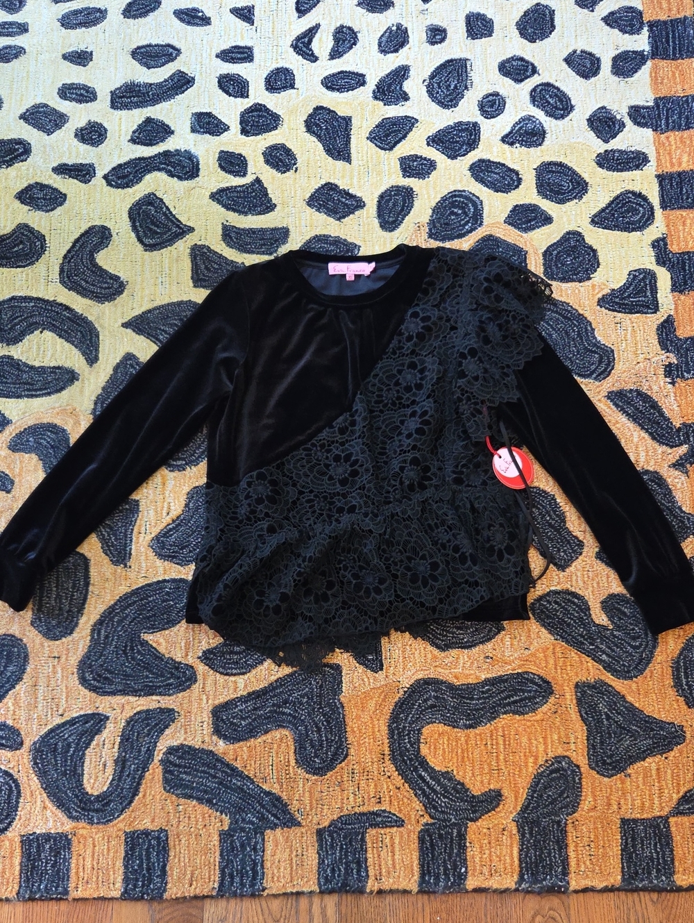 Eva Franco Black Velvet Long-Sleeve Top with Lace Appliqué